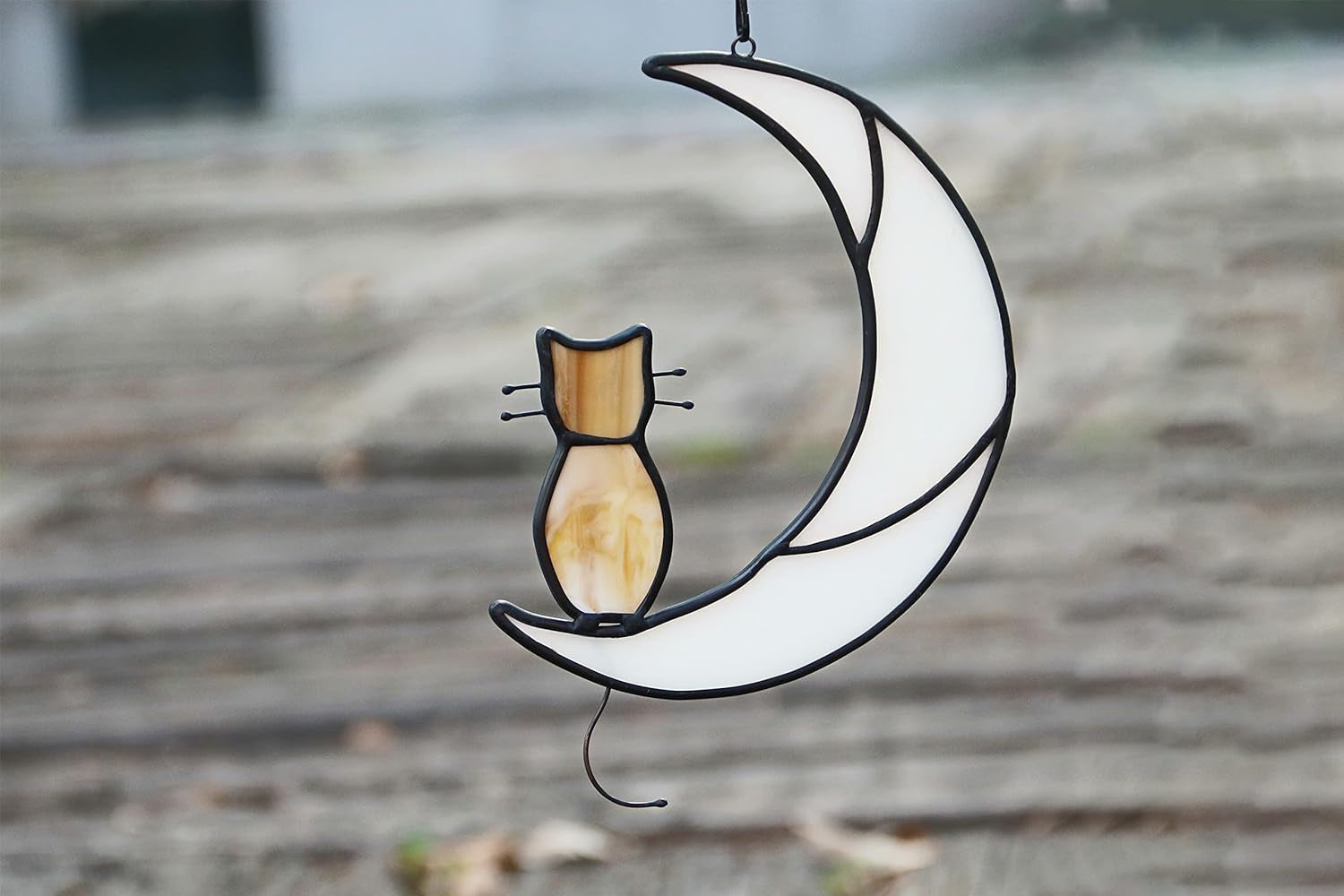 Orange Tabby Cat on Moon Stained Glass Window Hangings,Tabby Cat Decoration Suncatcher Hanging Ornament Gift for Mom,Cat Memorial Gifts for Cat Lovers, Pet Loss Sympathy Gift (Yellow)