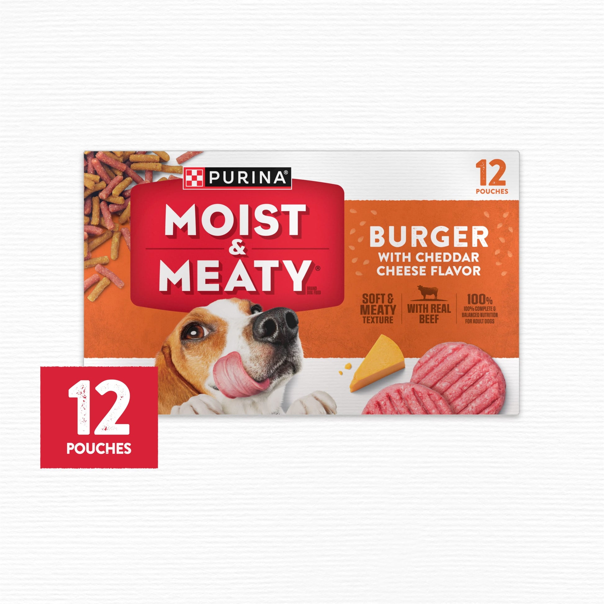 Purina Moist and Meaty Soft Dog Food Burger, Cheddar Cheese, Wet Dog Food, 6 Oz Pouches (12 Pack)