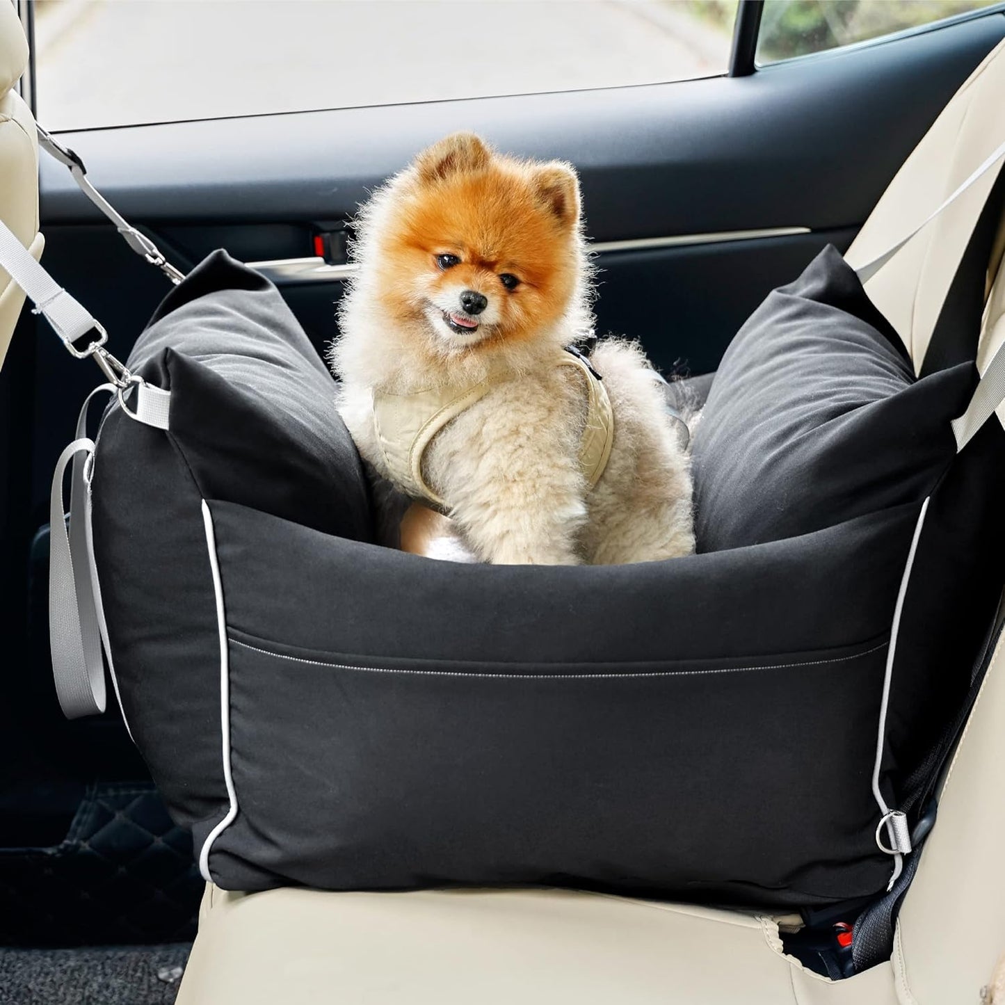 Lesure Small Dog Car Seat for Small Dogs - Waterproof Dog Booster Seat for Car with Storage Pockets, Clip-On Safety Leash and Thickened Memory Foam Filling, Pet Carseat Puppy Travel Carrier Bed, Beige