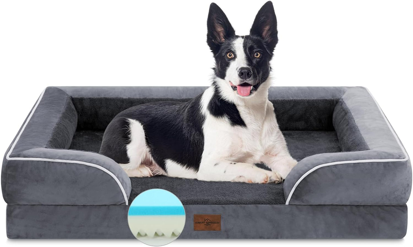 Cooling Dog Bed for Large Dogs, Memory Foam Orthopedic Dog Bed, Waterproof Dog Beds, Washable Dog Bed with Removable Cover,Pet Bed Dog Sofa with Bolster(Large,Leaden Grey)