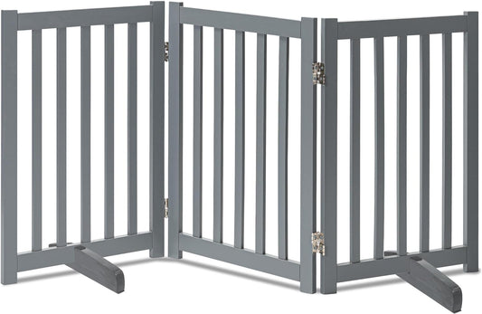 LZRS Solid Hardwood Freestanding Pet Gate,Wooden Dog Gates for Doorways,Nature Wood Dog Gates for the House,Dog Gate for Stairs,Freestanding Indoor Gate Safety Fence,Grey,30" Height-3 Panels