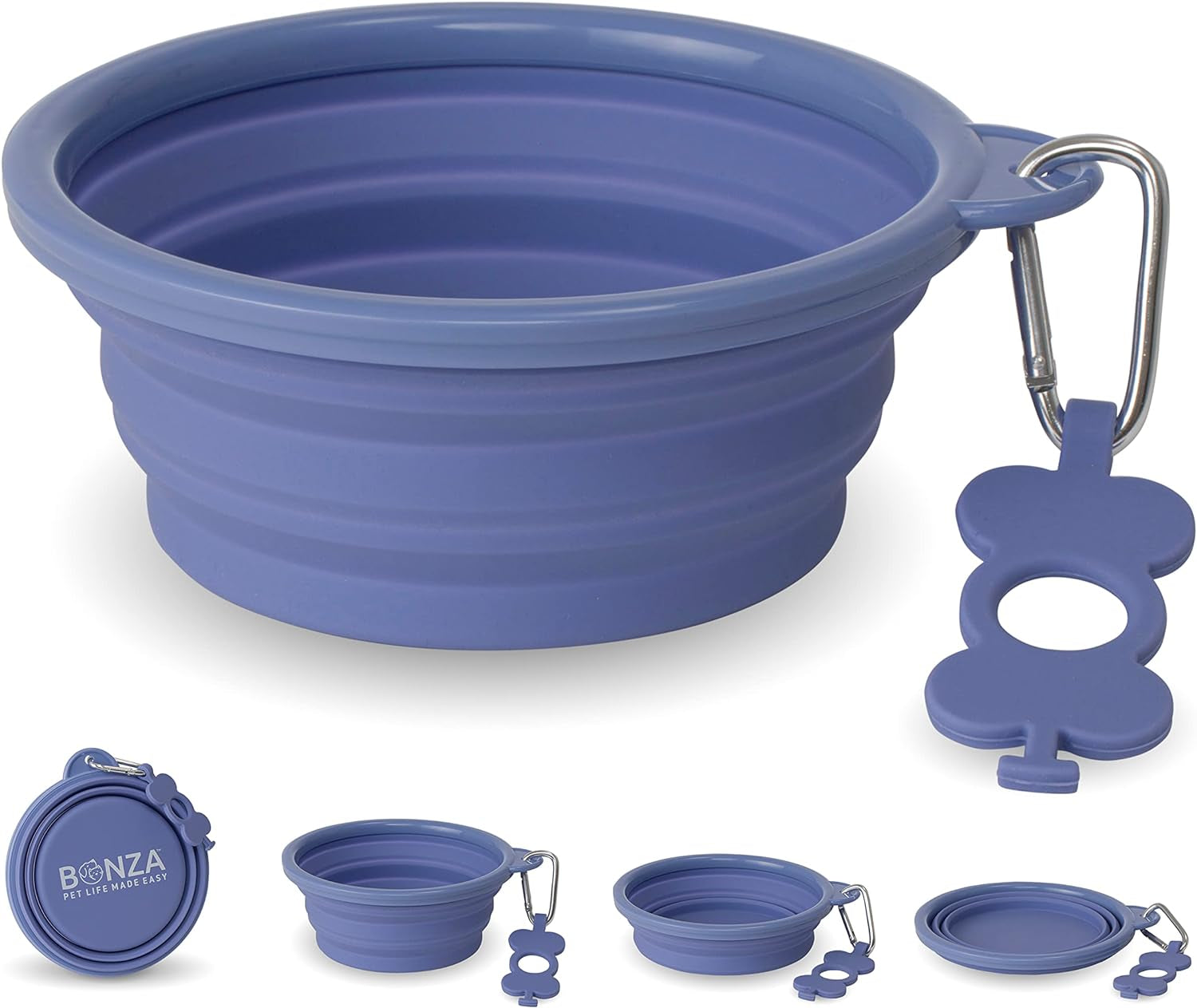 Large Collapsible Dog Bowl 1000 Ml, Sturdy Reinforced Rim, Includes Carabiner & Water Bottle Holder Keychain, Periwinkle