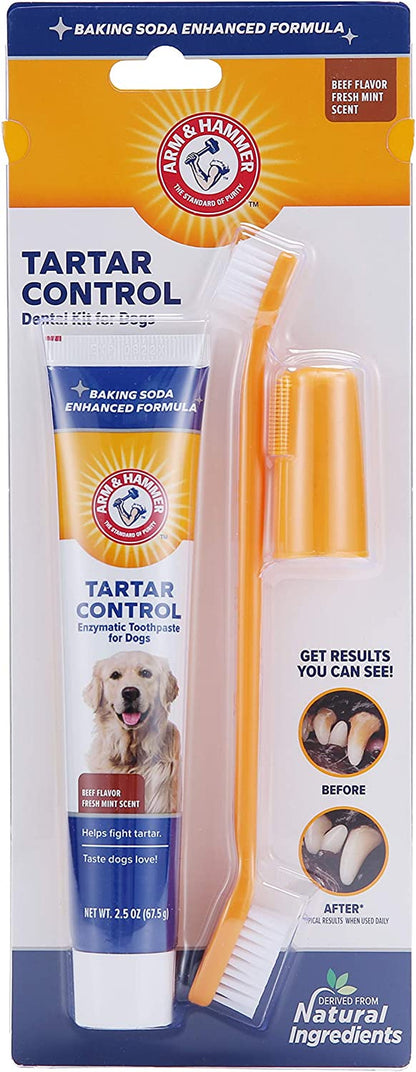 Arm & Hammer for Pets Tartar Control Kit for Dogs Contains Toothpaste, Toothbrush & Fingerbrush Reduces Plaque & Tartar Buildup Safe for Puppies, 3-Piece Kit, Beef Flavor (Pack of 48)