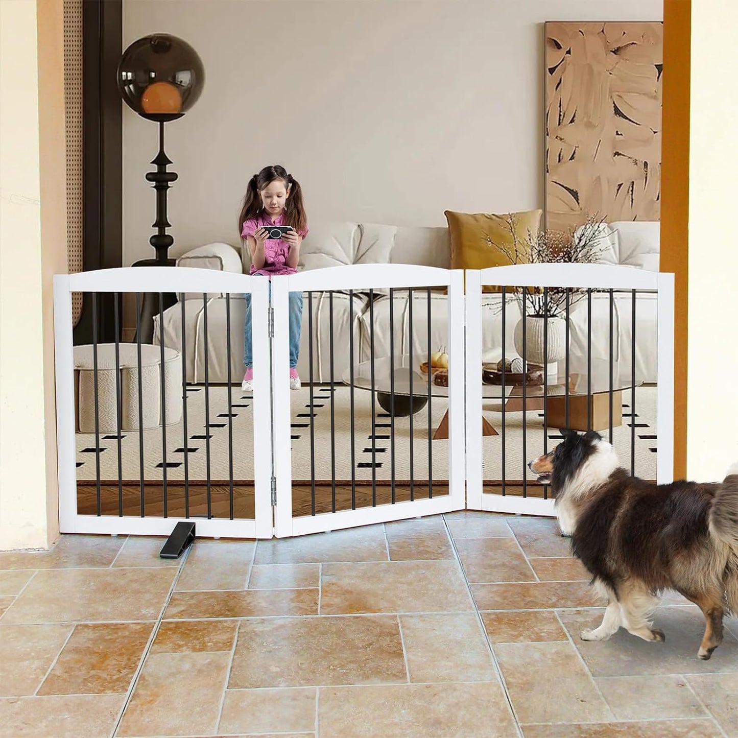 Freestanding Panel Dog Gate for Indoor, Doorways,Stairs, or Hallways,Foldable Wooden White Dog Gates for House,Pet Gate for Dogs,Dog Fence, Puppy Gate,Support Feet Included,24 "Height-3 Panels