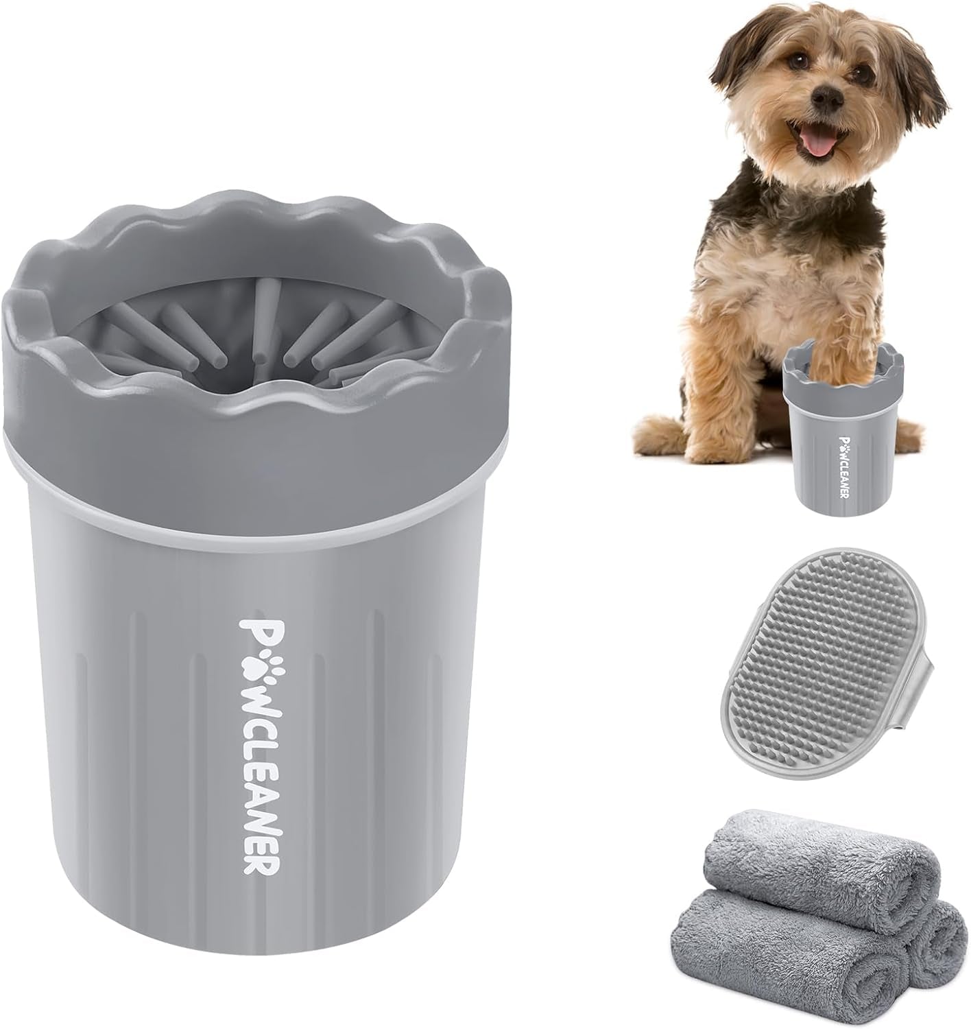 Dog Paw Cleaner, Portable Dog Paw Washer Pet Cleaning Silicone Brush with 3 Absorbent Towel, Pet Foot Cleaner for Small Breed Dogs(Grey)