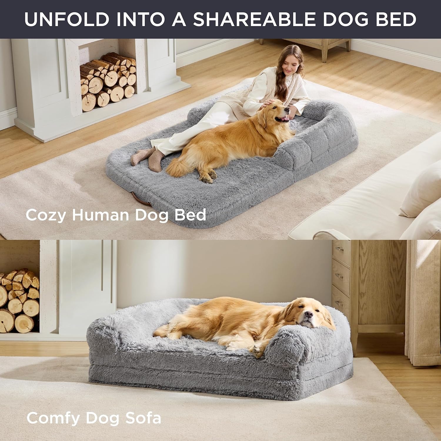 Bedsure Foldable Human Dog Bed for People Adults, 2 in 1 Calming Human Size Giant Dog Bed Fits Pet Families with Egg Foam Supportive Mat and Waterproof Liner, Faux Fur Orthopedic Dog Sofa, Camel