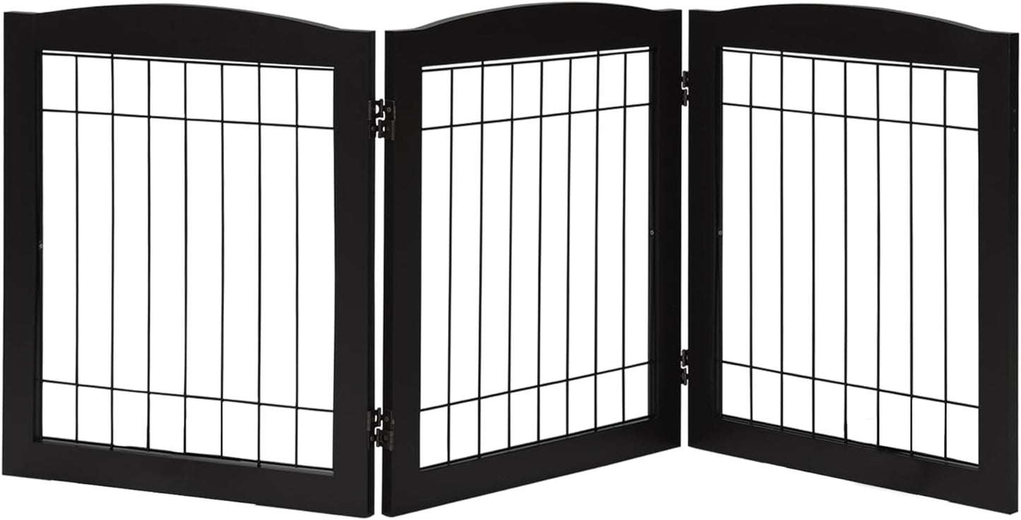 LZRS Sturdy Wood Pet Gate, Freestanding Wire Dog Gate Safety Fence Indoor, Foldable Stair Barrier Pet Exercise for Most Furry Friends, Dog Gate for Stairs, Black,24" Height-3 Panels