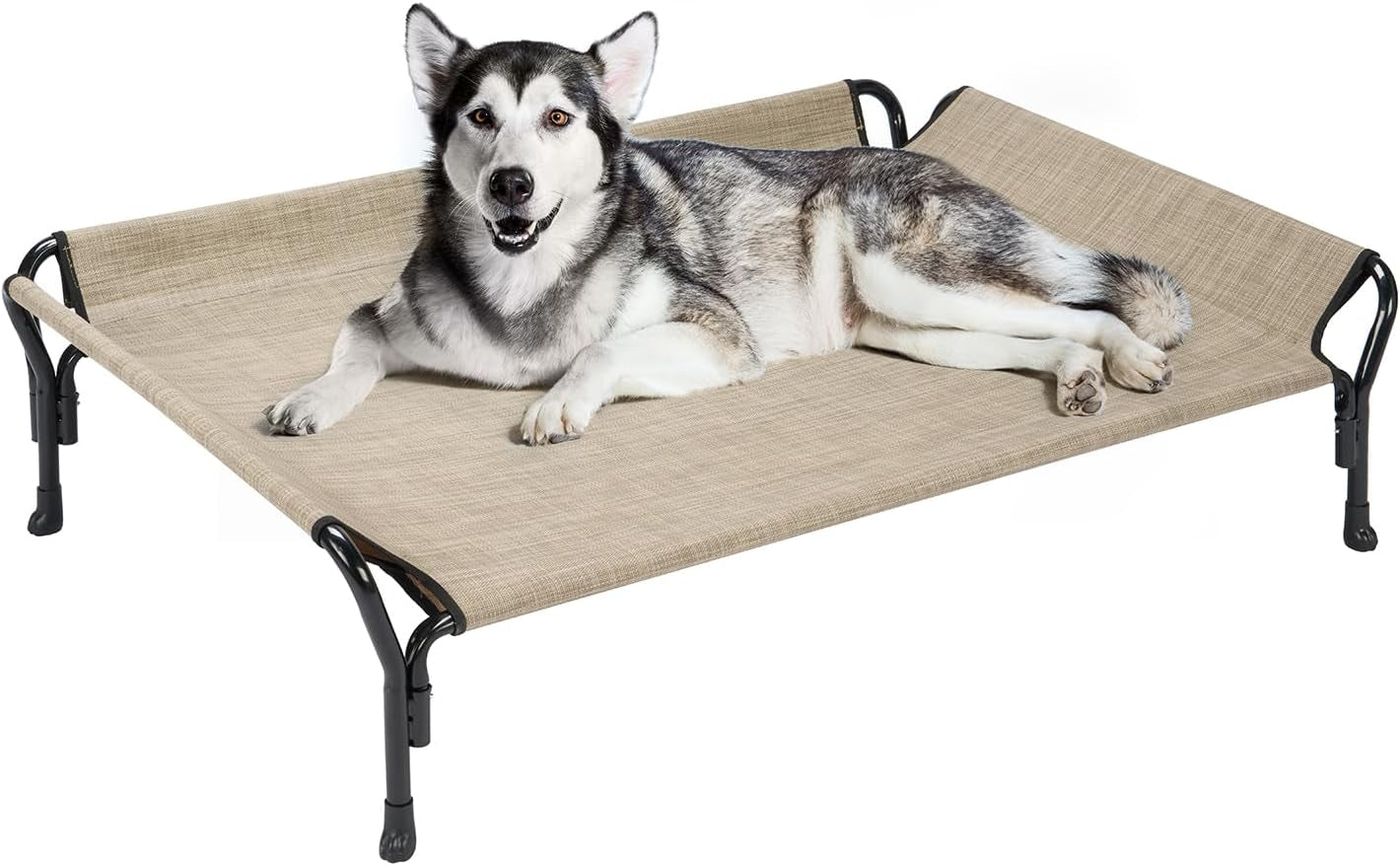 Veehoo Cooling Elevated Dog Bed, Dog Cots for Large Dogs, Raised Dog Bed with Guardrail & Slope Headrest, Durable & Breathable Teslin Mesh, Dog Sofa Bed for Indoor & Outdoor, Large, Beige Coffee