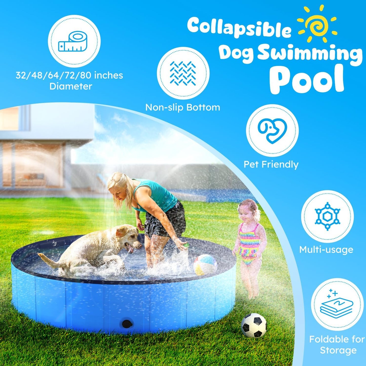 Niubya Foldable Dog Pool, Collapsible Hard Plastic Dog Swimming Pool, Portable Bath Tub for Pets Dogs and Cats, Pet Wading Pool for Indoor and Outdoor, 80 X 12 Inches