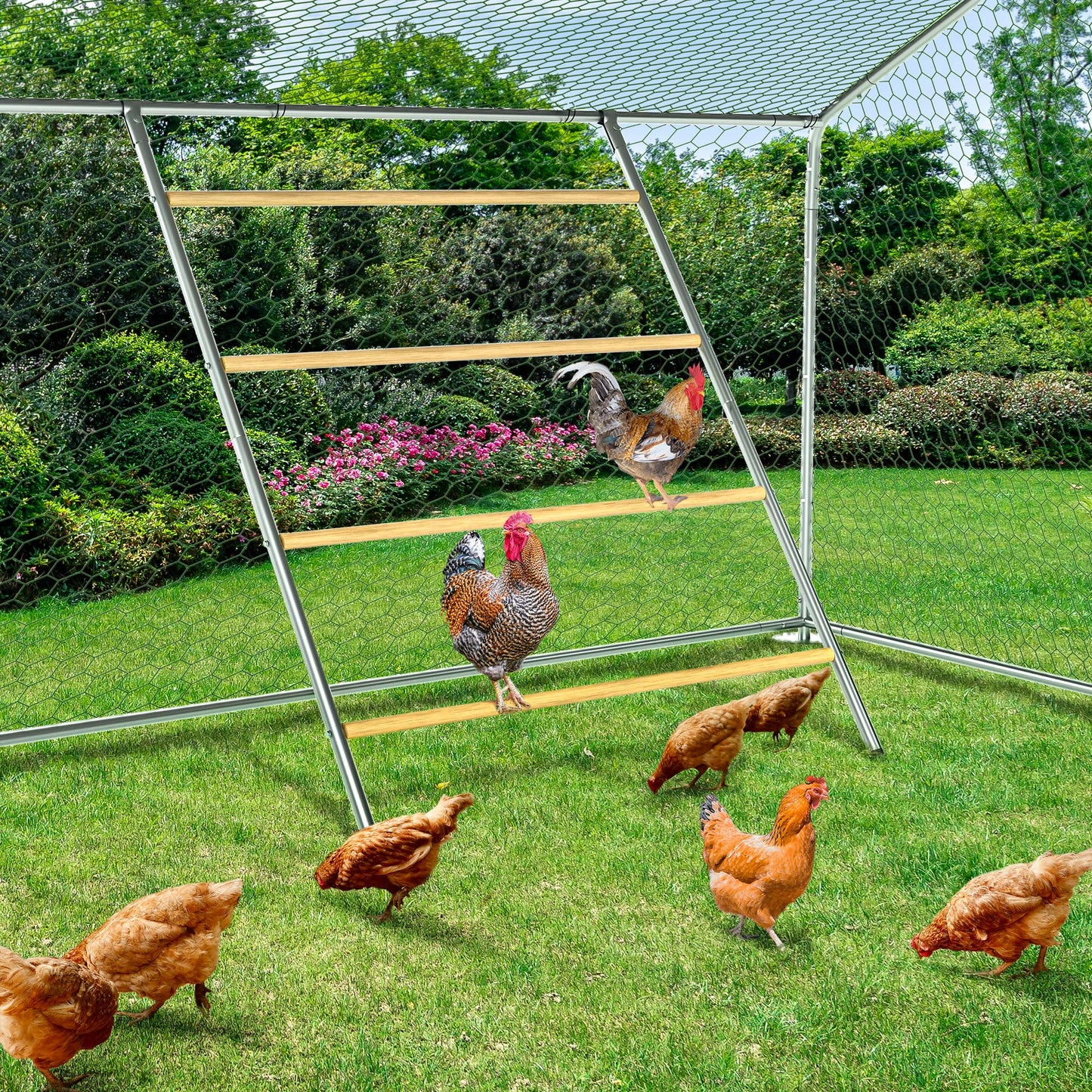 TOETOL Extra Large Metal Chicken Coop Walking Poultry Cage Hen Run House Rabbits Habitat Cage Spire Shaped Coops with Waterproof and Anti-Ultraviolet Cover for Backyard Farm