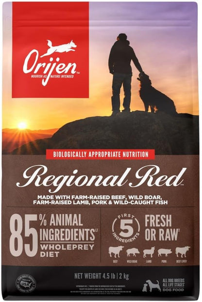 ORIJEN REGIONAL RED Dry Dog Food, Grain Free and Poultry Free Dog Food, Fresh or Raw Ingredients, 4.5Lb