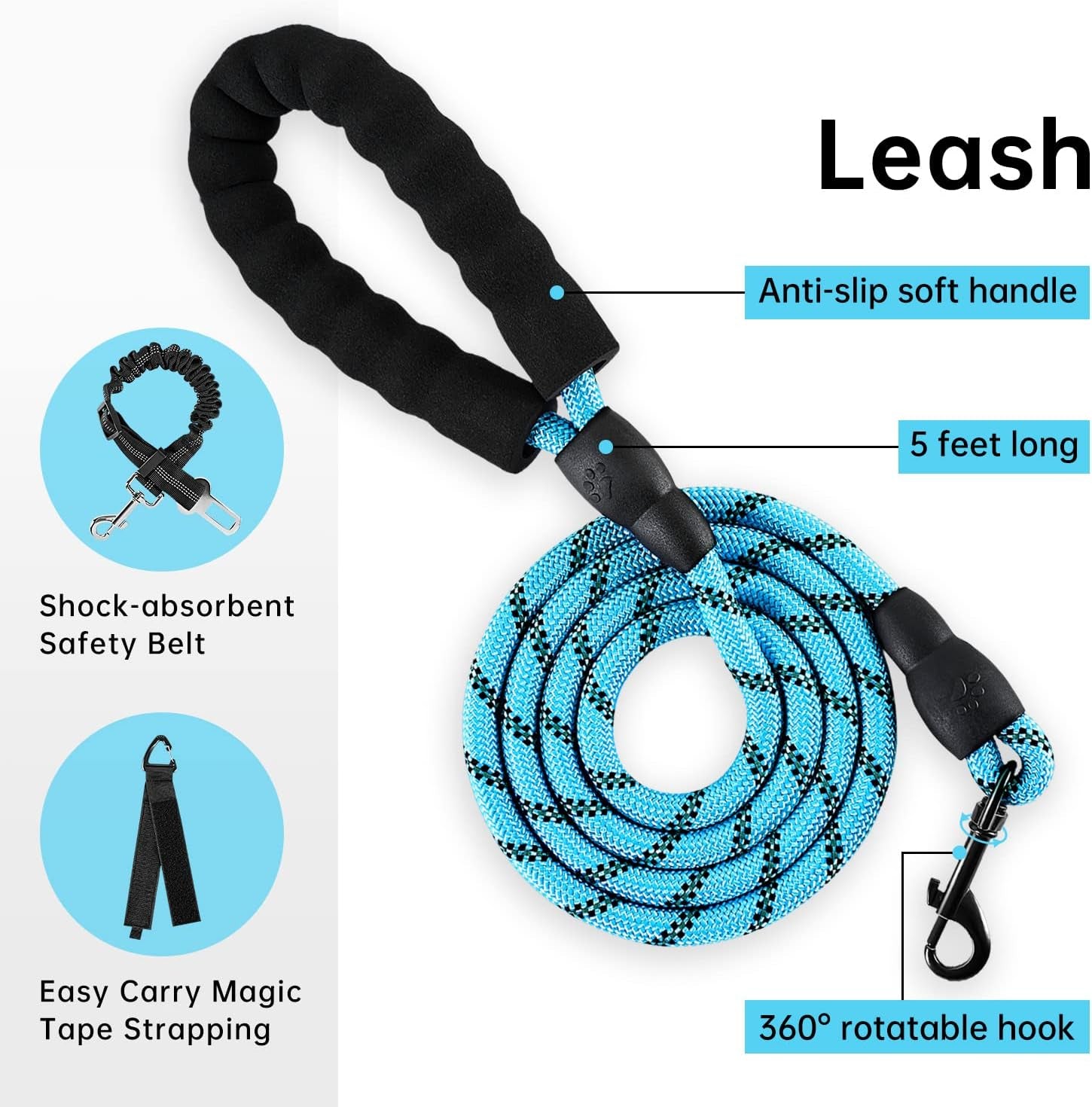 IVY&LANE No Pull Dog Harness for Medium Dogs, Dog Vest Harness with Leash, Safety Belt and Storage Strap, Fully Adjustable Harness, 360° Reflective Strip, Soft Handle (Blue, M)