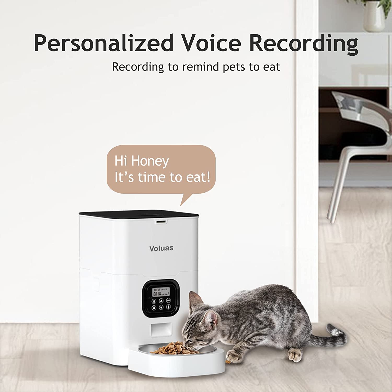 VOLUAS Automatic Cat Feeders - Dry Food Dispenser with Timer, Desiccant Bag, Programmable Portion Size Control 4 Meals per Day, 10S Voice Recorder