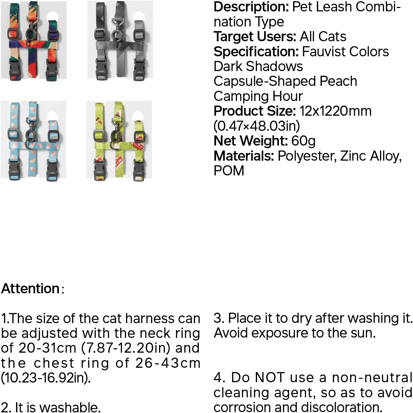 Pidan Cat Harness & Leash Set, Cats Escape Proof Adjustable Kitten Harness for Large Small Cats, Lightweight Soft Walking Travel Petsafe Harness Grey,Neck Girth 7.8'' 12.2'', Chest Girth 10.2'' 16.9''