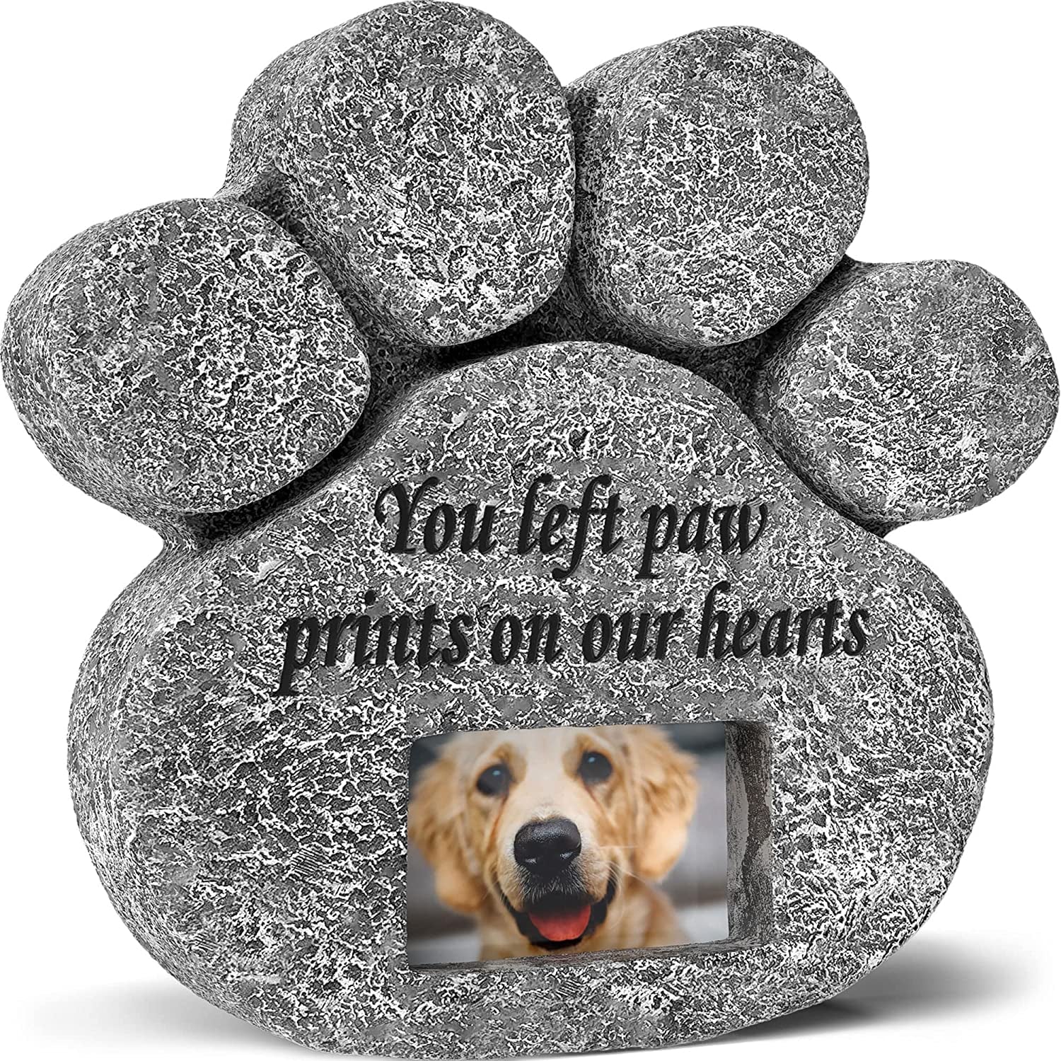 You Left Paw Prints on Our Hearts' Paw Print Pet Memorial Stone, Grave Marker with Customizable Photo Frame Slot, Loss of Pet Gift, Personalized Dog Memorial Headstone, 8.25” X 8” X 1.5”