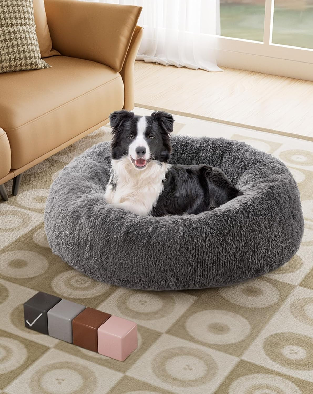 Calming Donut Bed for Dogs and Cats, Ultra Soft Circle Bed, Cozy, Waterproof, Zipper Cover, 30 in Bed, Medium Dog Bed (Dark Gray)