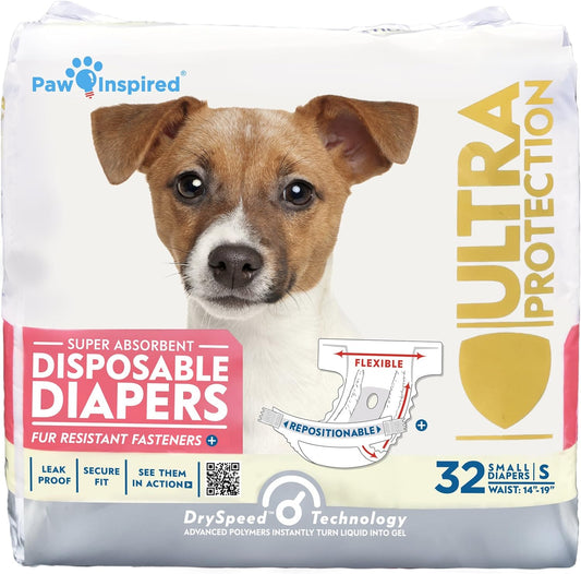 Paw Inspired 32Ct Disposable Dog Diapers | Female Dog Diapers Ultra Protection | Diapers for Dogs in Heat, Excitable Urination, or Incontinence (Small)