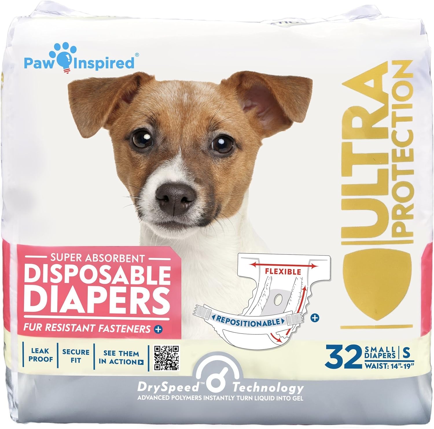 Paw Inspired 32Ct Disposable Dog Diapers | Female Dog Diapers Ultra Protection | Diapers for Dogs in Heat, Excitable Urination, or Incontinence (X-Small)