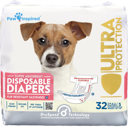 Paw Inspired 32Ct Disposable Dog Diapers | Female Dog Diapers Ultra Protection | Diapers for Dogs in Heat, Excitable Urination, or Incontinence (X-Small)