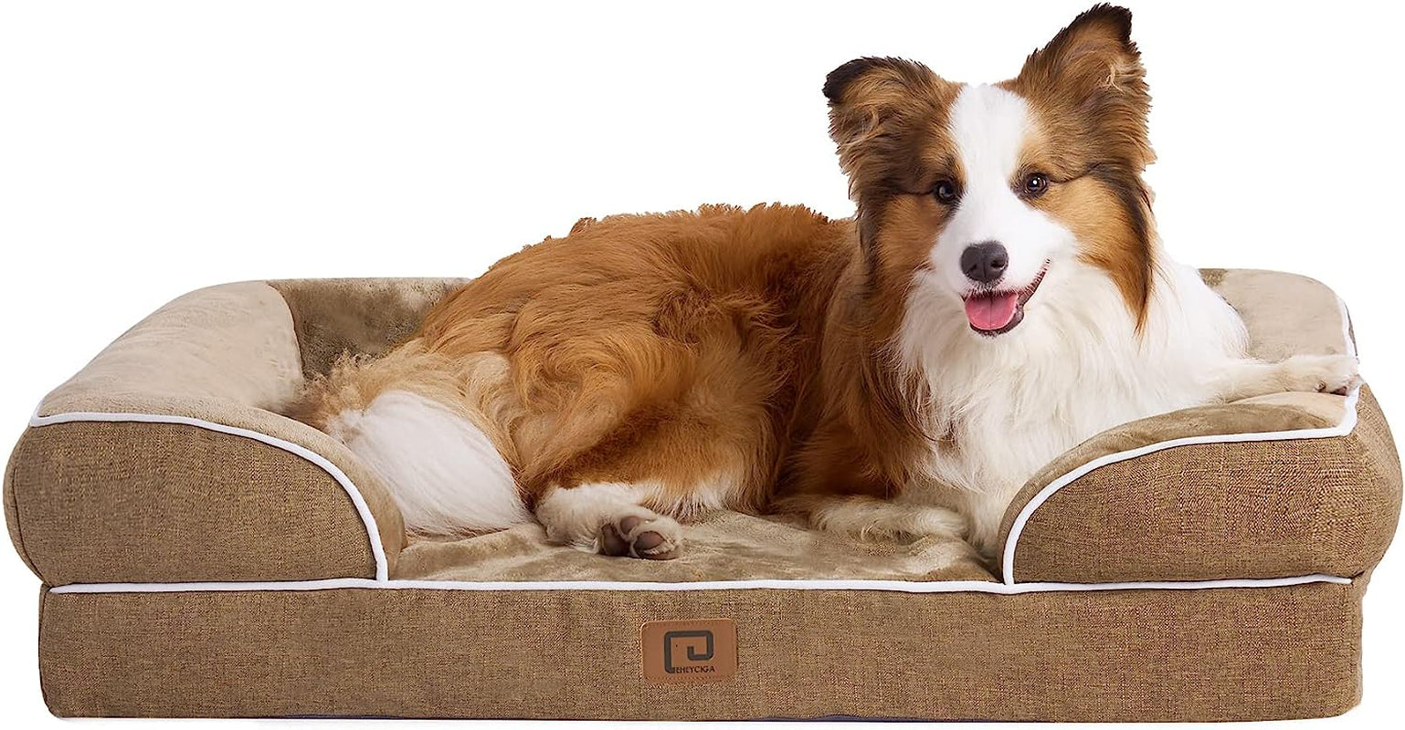 EHEYCIGA Orthopedic Dog Beds for Large Dogs, Waterproof Memory Foam Large Dog Bed with Sides, Non-Slip Bottom and Egg-Crate Foam Large Dog Couch Bed with Washable Removable Cover, Camel