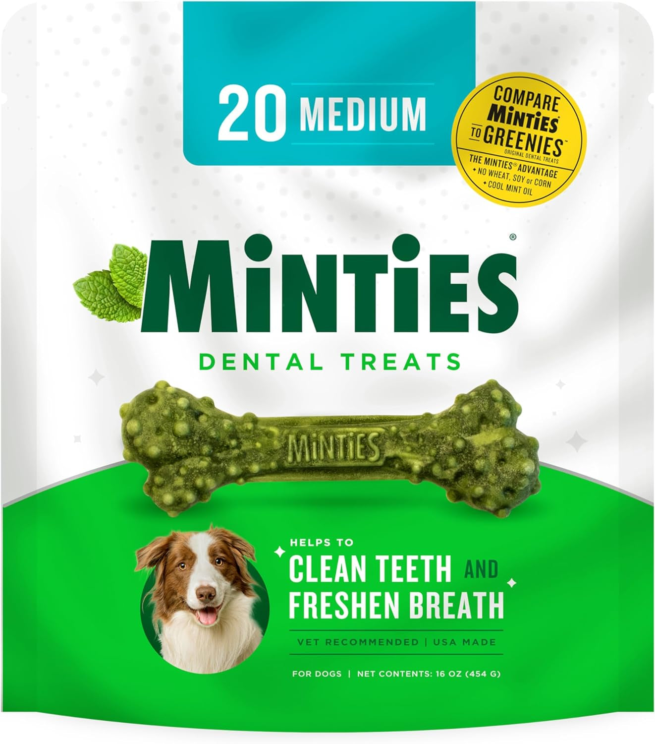 Minties Dental Chews for Dogs, 20 Count, Vet-Recommended Mint-Flavored Dental Treats for Medium Dogs 25-50 Lbs, Dental Bones Clean Teeth, Fight Bad Breath, and Removes Plaque and Tartar