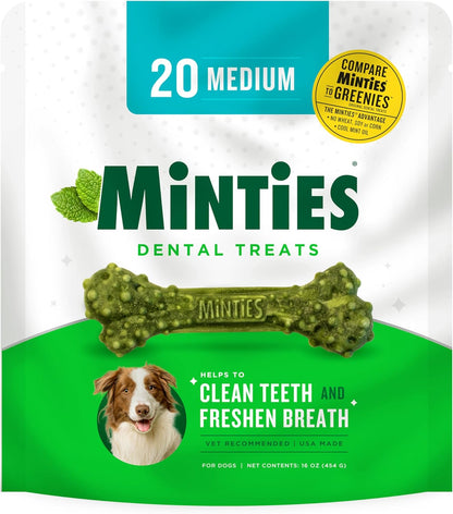 Minties Dental Chews for Dogs, 20 Count, Vet-Recommended Mint-Flavored Dental Treats for Medium Dogs 25-50 Lbs, Dental Bones Clean Teeth, Fight Bad Breath, and Removes Plaque and Tartar