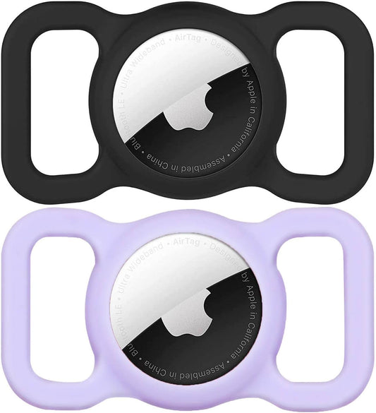 SWINCHO Airtag Dog Collar Holder(2 Pack) for Apple Airtags Dog Collar Silicone Anti-Lost Air Tag Holder Case Compatible with Cat Dog Collars (Purple&Black)