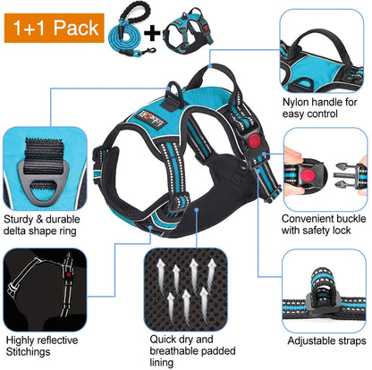 Tobedri No Pull Dog Harness Adjustable Reflective Oxford Easy Control Medium Large Dog Harness with a Free Heavy Duty 5Ft Leash