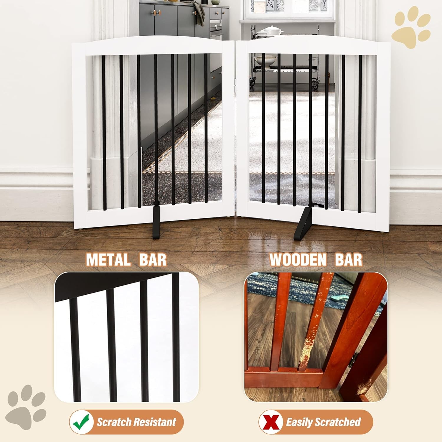 Freestanding Pet Gate for Dogs, Indoor Wooden Dog Gate for House, Extra Wide Dog Gate, Foldable Dog Gate for Stairs, Doorways, Halls, Support Feet Included, 120 Inch Wide, 6 Panels 32", Brown