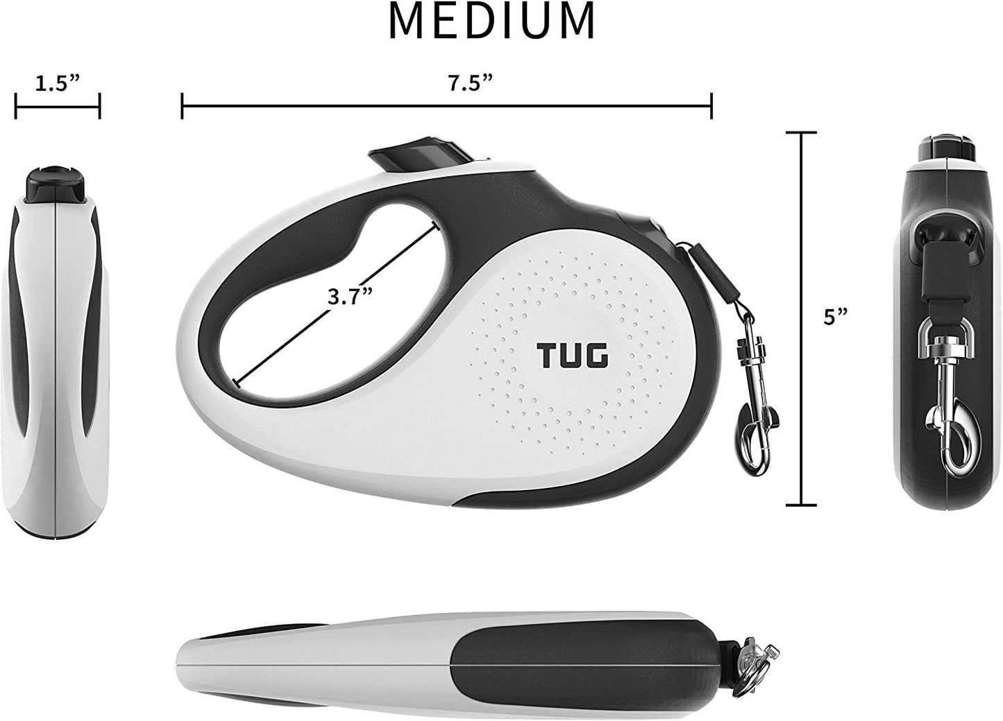 TUG Tiny 360° Tangle-Free Retractable Dog Leash with Anti-Slip Handle | 10 Ft Nylon Tape | One-Handed Brake, Pause, Lock (Grey)