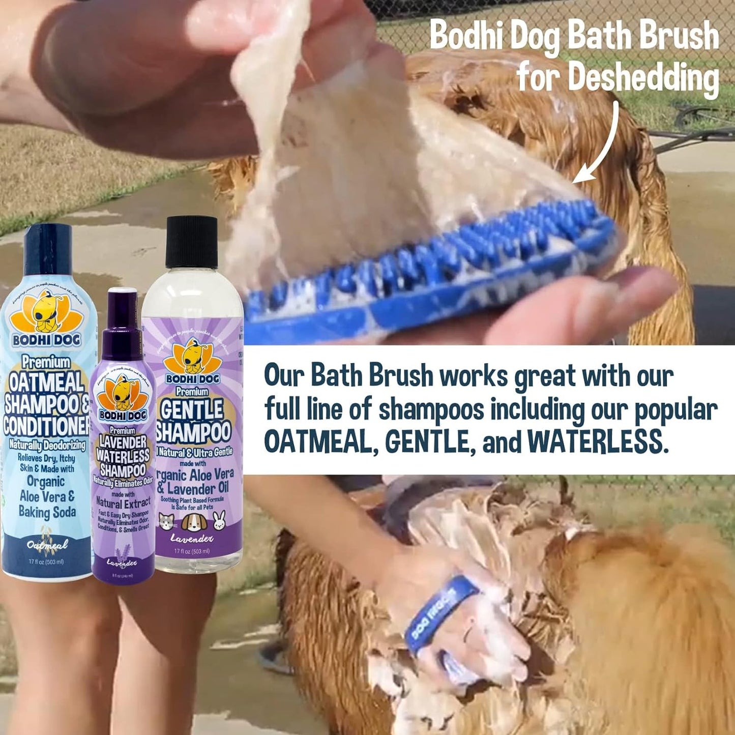 Bodhi Dog Shampoo Brush and Oatmeal Shampoo & Conditioner Bundle | Pet Shower & Bath Supplies for Cats & Dogs | Dog Grooming Quality Dog Wash Brush for Long & Short Hair Dog Scrubber for Bath