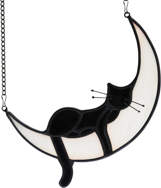 Sleeping Black Cat on Moon Stained Glass Window Hangings,Cat Decor Gifts for Cat Lovers,Black Cat Halloween Decor Ornaments for Window,Patio,Living Room,Office