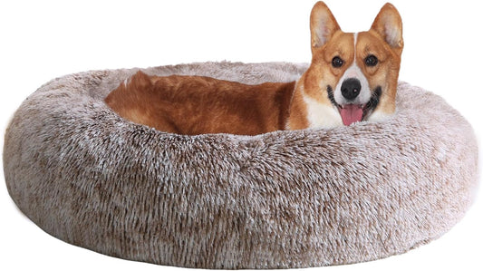 JOLLYVOGUE Calming Donut Dog Bed & Cat Bed, Anti-Anxiety Washable Dog round Bed, Fluffy Faux Fur Plush Dog Cuddler Bed, Warming Cozy Soft Dog Cat Cushion Bed for Small Dogs and Cats (20",Brown)