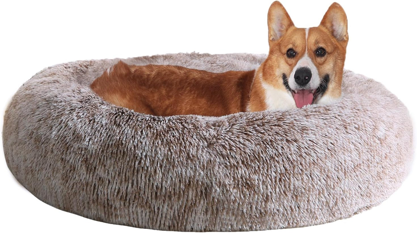 JOLLYVOGUE Calming Donut Dog Bed & Cat Bed, Anti-Anxiety Washable Dog round Bed, Fluffy Faux Fur Plush Dog Cuddler Bed, Warming Cozy Soft Dog Cat Cushion Bed for Small Medium Dogs and Cats (24",Brown)