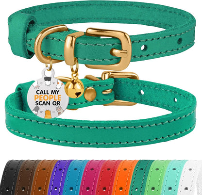 BRONZEDOG Leather Cat Collar with Bells Non Breakaway Kitten QR Tag for Girl Boy (7" - 9" for Cats, Green & Gold)