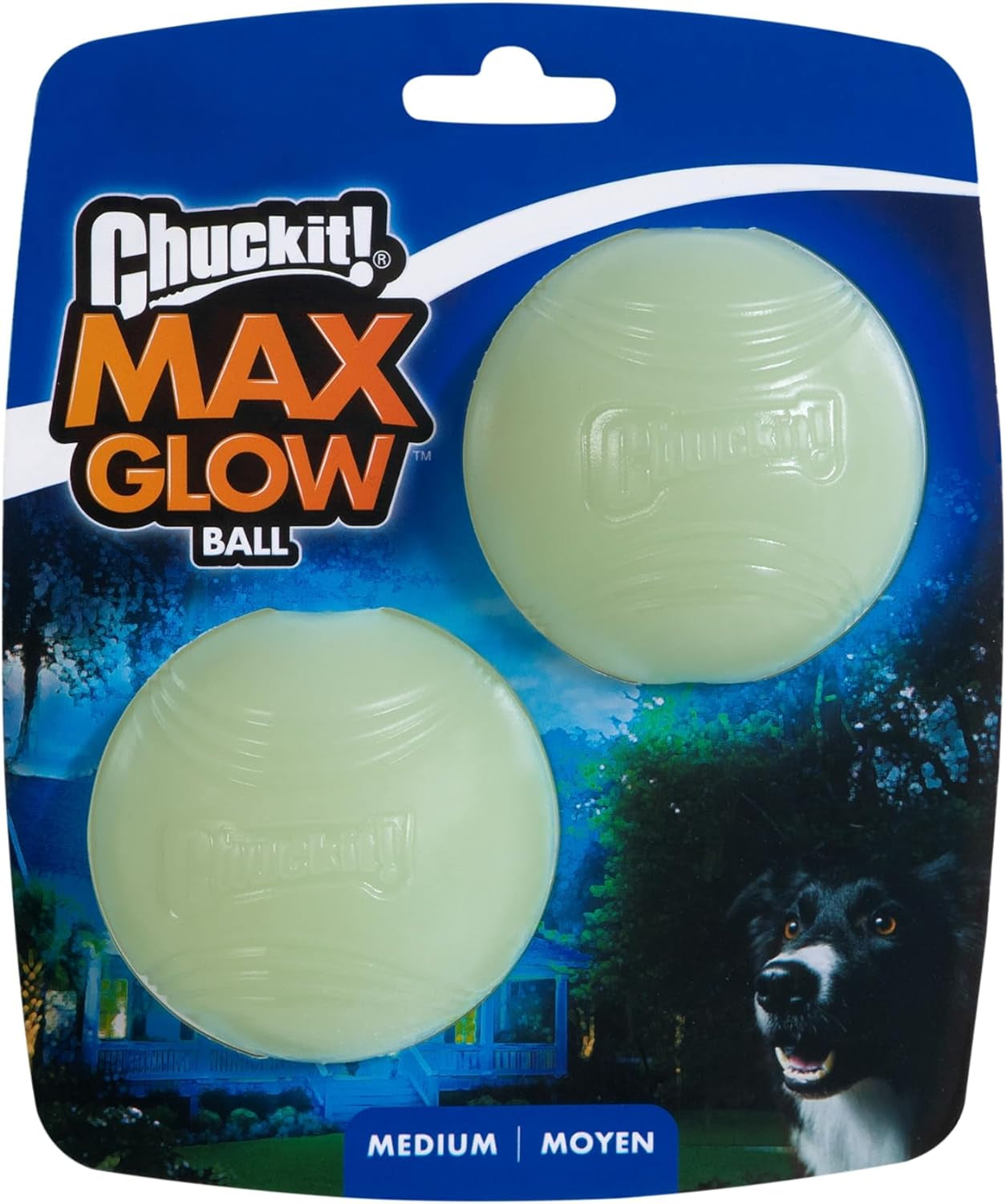 Chuckit Max Glow Ball Dog Toy, Medium (2.5 Inch Diameter) for Dogs 20-60 Lbs, Pack of 2