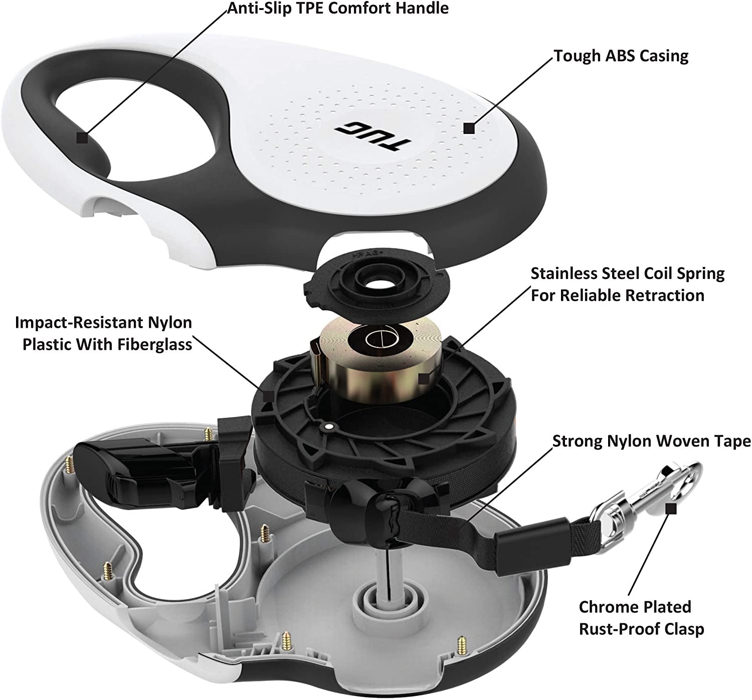 TUG Tiny 360° Tangle-Free Retractable Dog Leash with Anti-Slip Handle | 10 Ft Nylon Tape | One-Handed Brake, Pause, Lock (Grey)