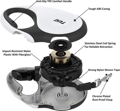 TUG 360° Tangle-Free Retractable Dog Leash with Anti-Slip Handle | 16 Ft Strong Nylon Tape | One-Handed Brake, Pause, Lock (Small, Grey)